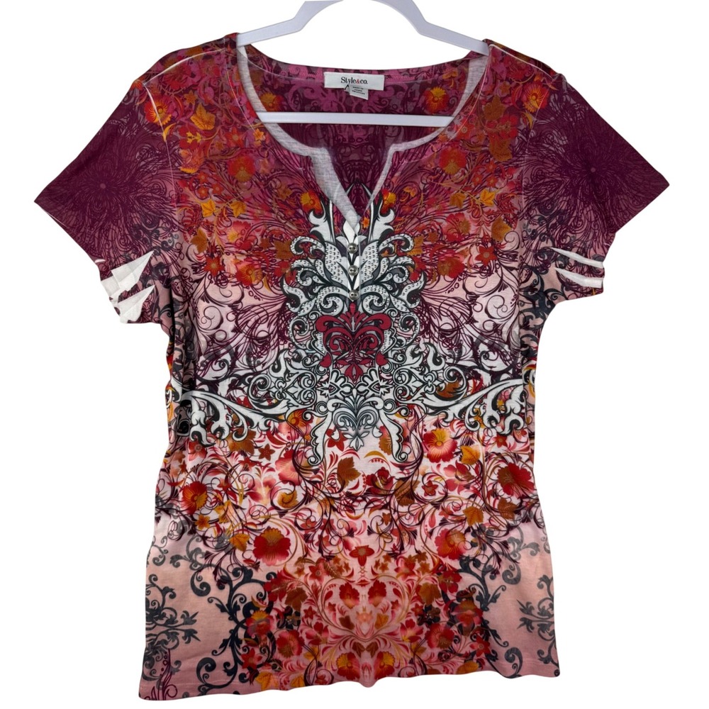 Style & Co Womens Large Floral Filigree Rhinestone Split Neck Top Multicolor L